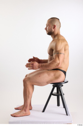 Whole Body Man White Underwear Muscular Sitting Studio photo references